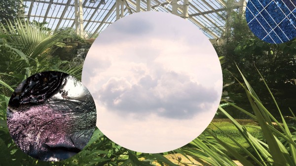 Collage photo of glasshouse and clouds