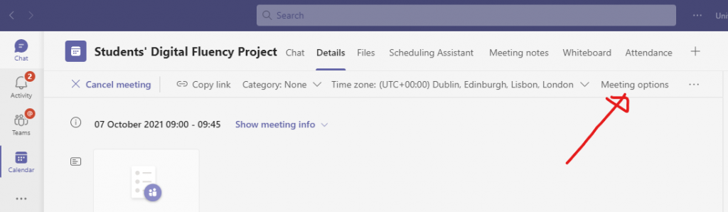 Screenshot of a Teams Calendar with arrow pointing to the Meeting options link