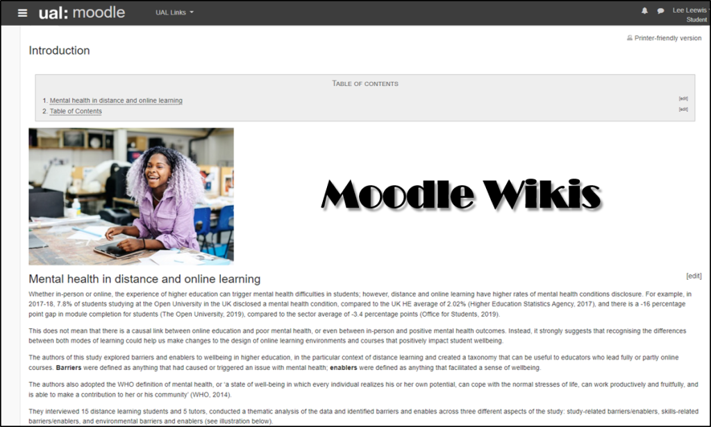 Example of a Moodle Wiki page on the barriers and enablers to wellbeing in online learning