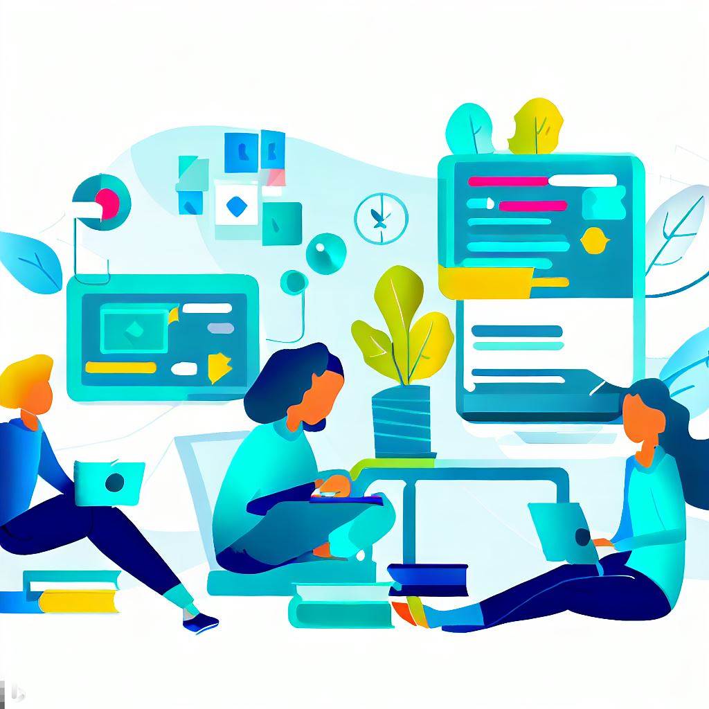 People sitting on floor working on laopt tops with drawing of computer screen behind them.