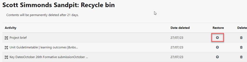 Highlighting the restore option in the recycle bin