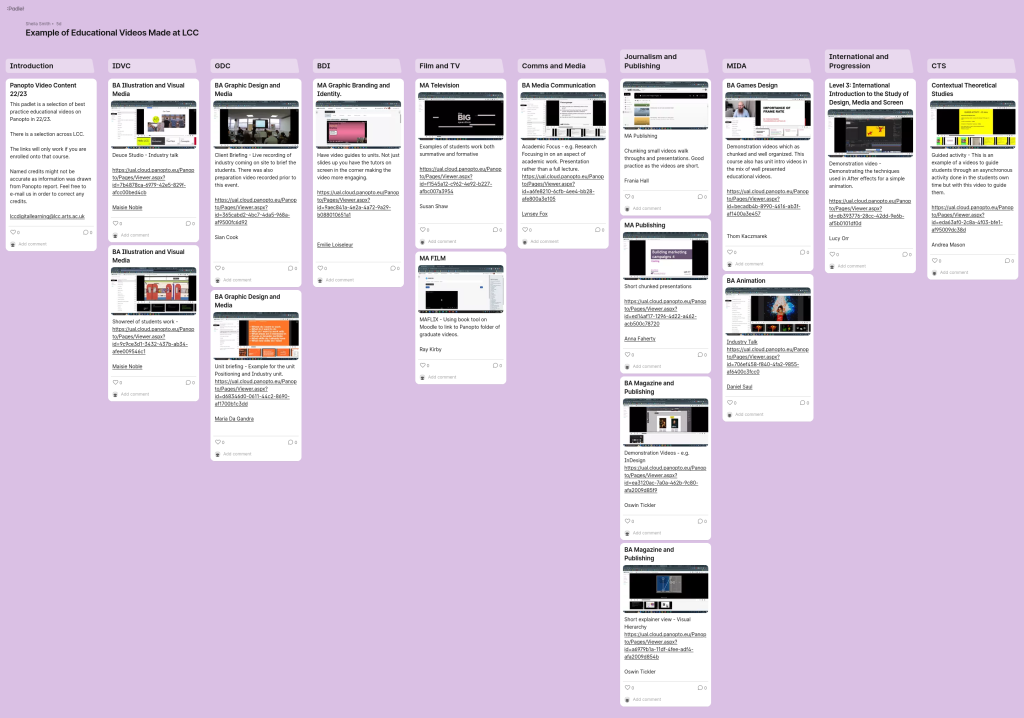 Padlet board with examples of educational videos on panopto 
