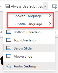 Language options in PowerPoint 365 subtitles