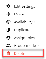 Screenshot of delete option for a Moodle activity