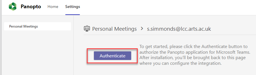 Highlighting the Authenticate button in Teams