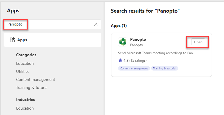 Highlighting how to locate the Panopto app via the search bar