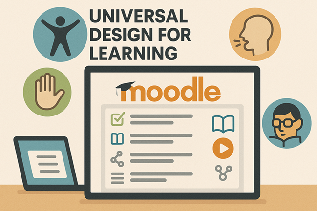 Universal Design for Learning, written at the top of the image with a computer screen with the Moodle logo inside of it at the bottom