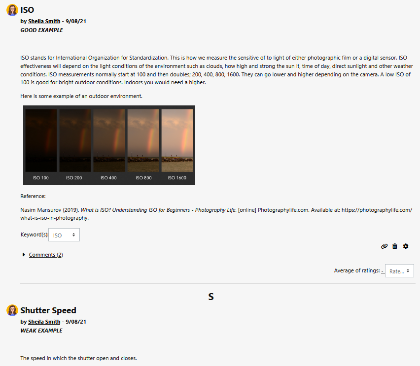 Example of a glossary in Moodle showing two entries, ISO and Shutter speed