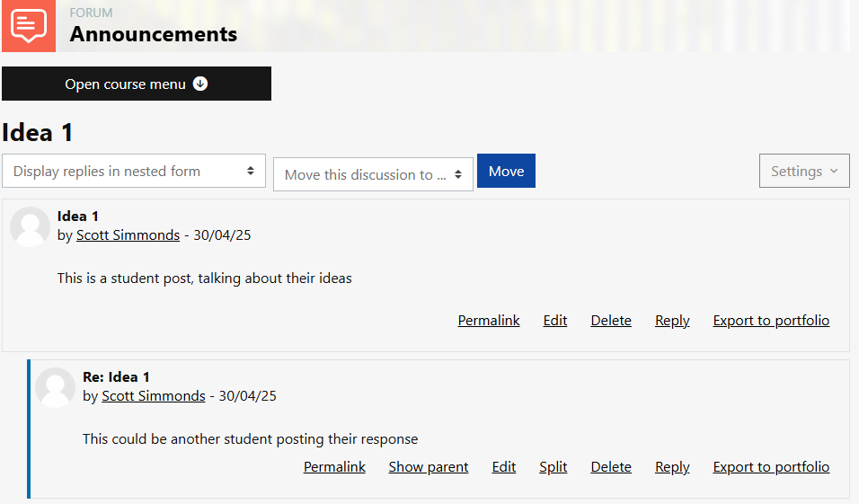 A simple example of a forum post in Moodle with a single reply