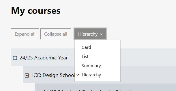 Screen Shot of view selector in My Courses 