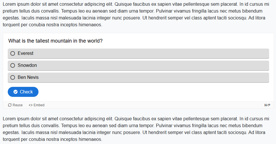Example of an H5P quiz embedded within a Moodle block of text
