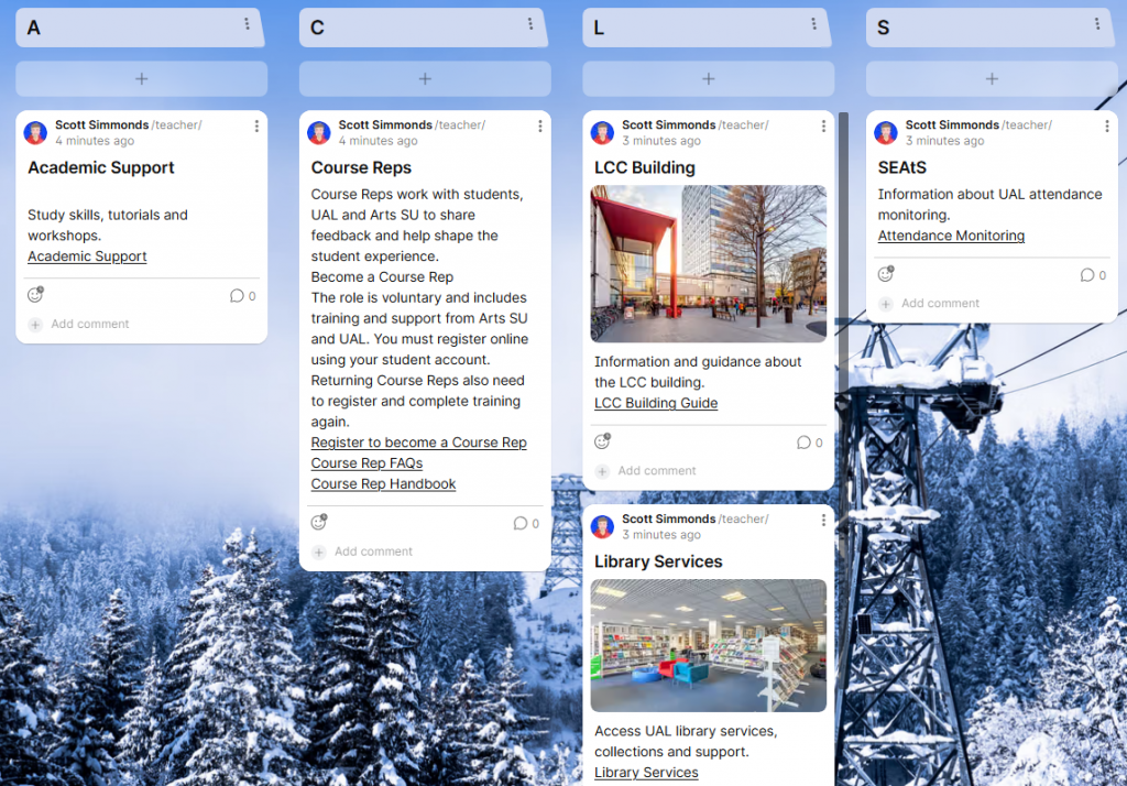Sample of Padlet containing some key terms in a horizontal format