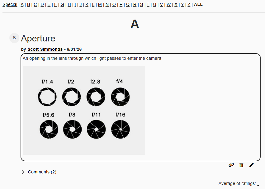 Example of a Moodle Glossary showing the definition for Aperture